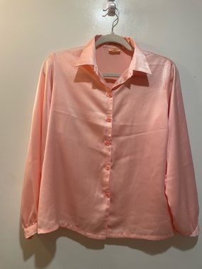 Vintage Pink Blush Peach Silk Button-Up Shirt